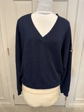 alo Yoga Cashmere Jet Set V-Neck Pullover Navy Blue Medium EUC
