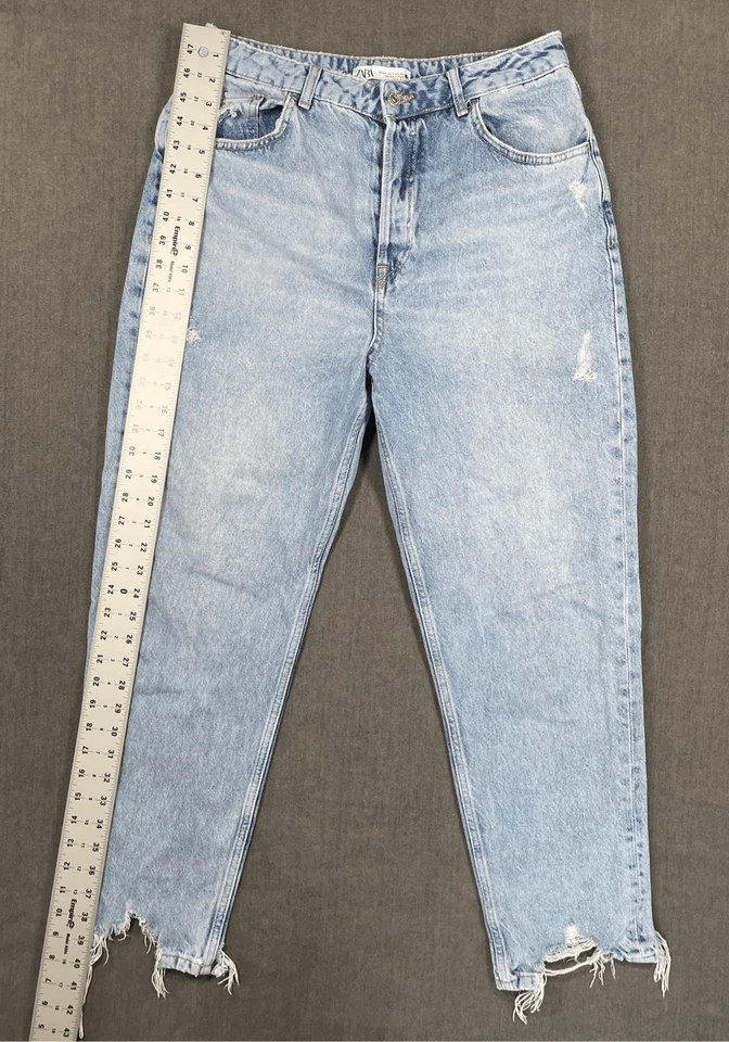 Zara High Rise Mom Jeans Women 12 Light Wash Thrashed Hem Distressed Y2K Grunge - Image 2 of 4