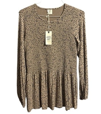 Good Hart by Matilda Jane Women's L Beige/Black Polka Dot Smocked Long Blouse