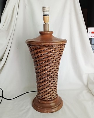 Vintage 90er Jahre Korb & Holz große Tischlampe Fuß Stehlampe 57cm Tiki PAT