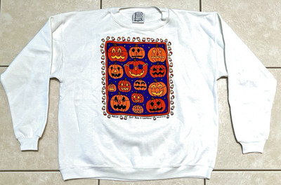 VTG HALLOWEEN WHITE SWEATSHIRT (94') Just Jack-O-Lanterns w/ Candy Corn KIDS XL