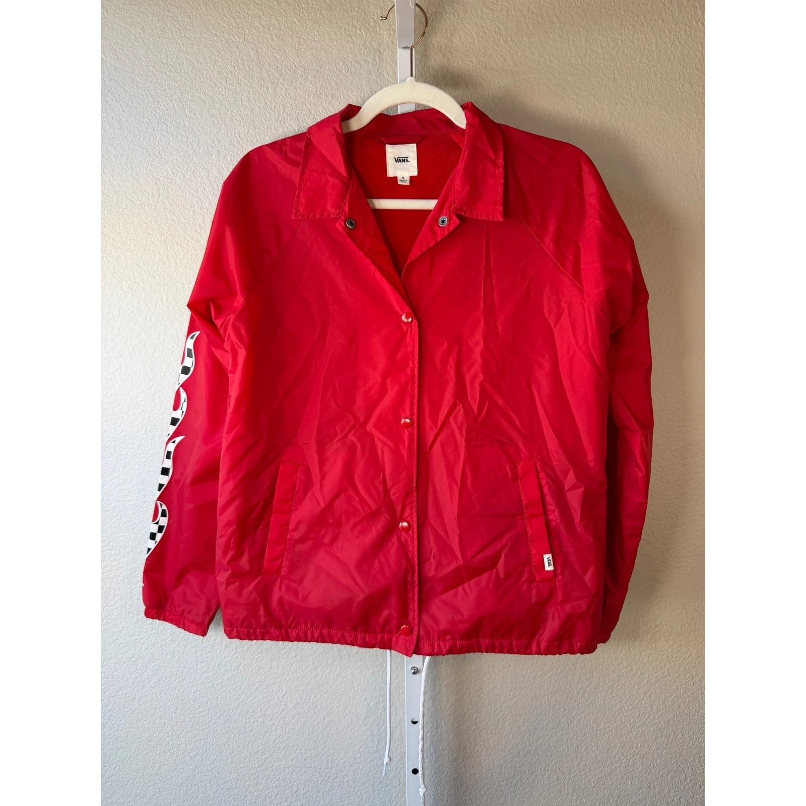 Vans Off The Wall Red Coaches Jacket Checkerboard Flames Graphic Mens Small