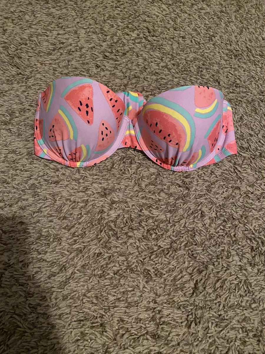 Aerie 34B Swim Suit Top Bikini STRAPLESS purple Watermelon Print Underwire