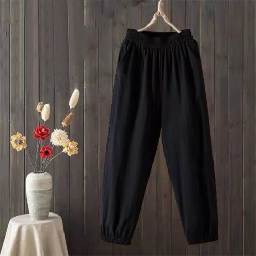 Retro Cotton Harem Pants with Pockets Women Elastic Waist Loose Casual Plus Size - Picture 16 of 22