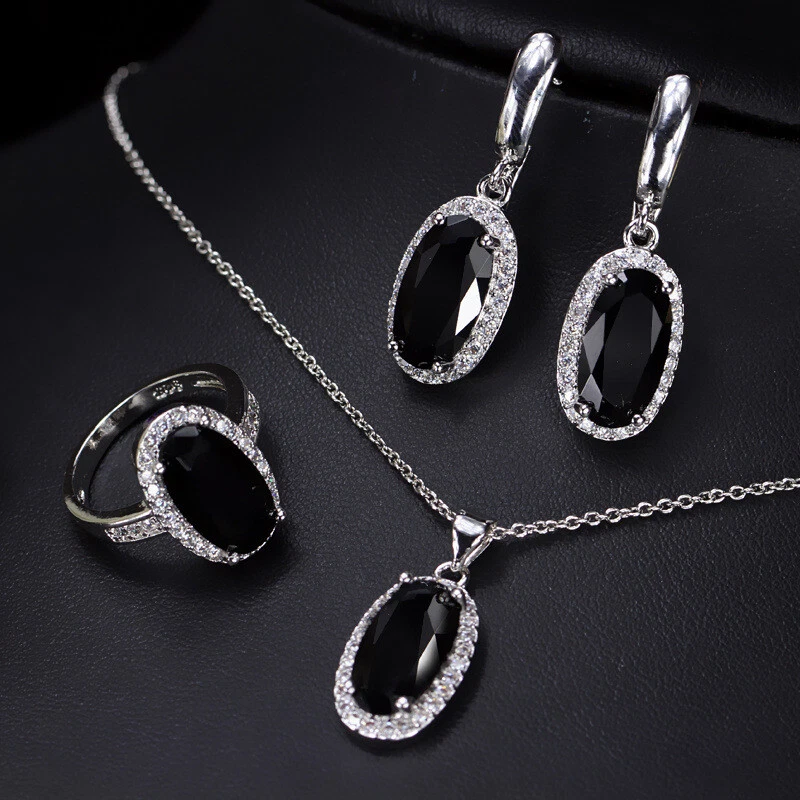 Clásico Ovalado 3 Piezas Negro Ónix Gema Plata Collar Mujer Pendientes Anillo Talla 6-10 Foto 4 de 4