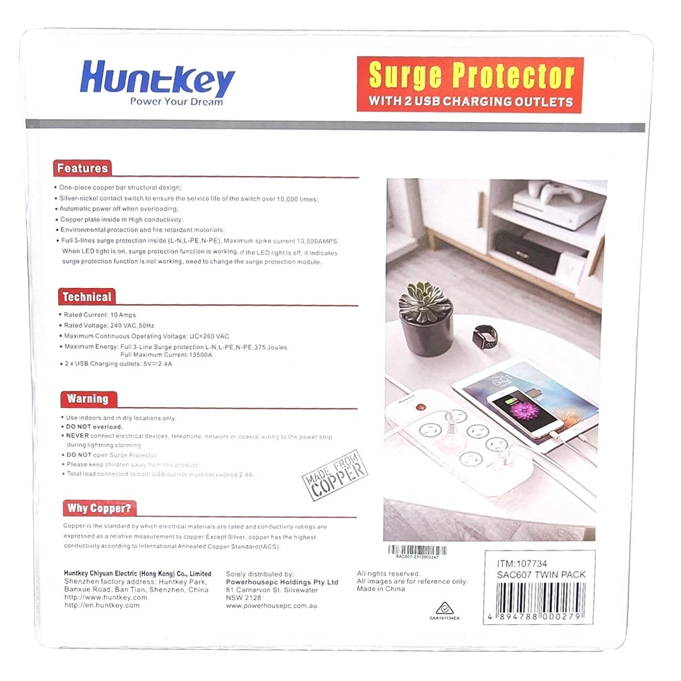 Huntkey 6 Outlets 2 USB Surge Protector Powerboard 2.1A 10w Copper Bar 2m x 2pk - Image 3 of 4