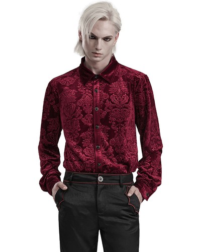 Punk Rave Mens Gothic Aristocrat Embossed Velvet Damask Shirt - Red - Picture 7 of 13