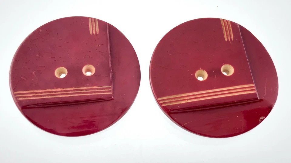 Vintage Carved Bakelite Red Color Size 1.5in Garment Button Set Of Two 966A - Image 2 of 4
