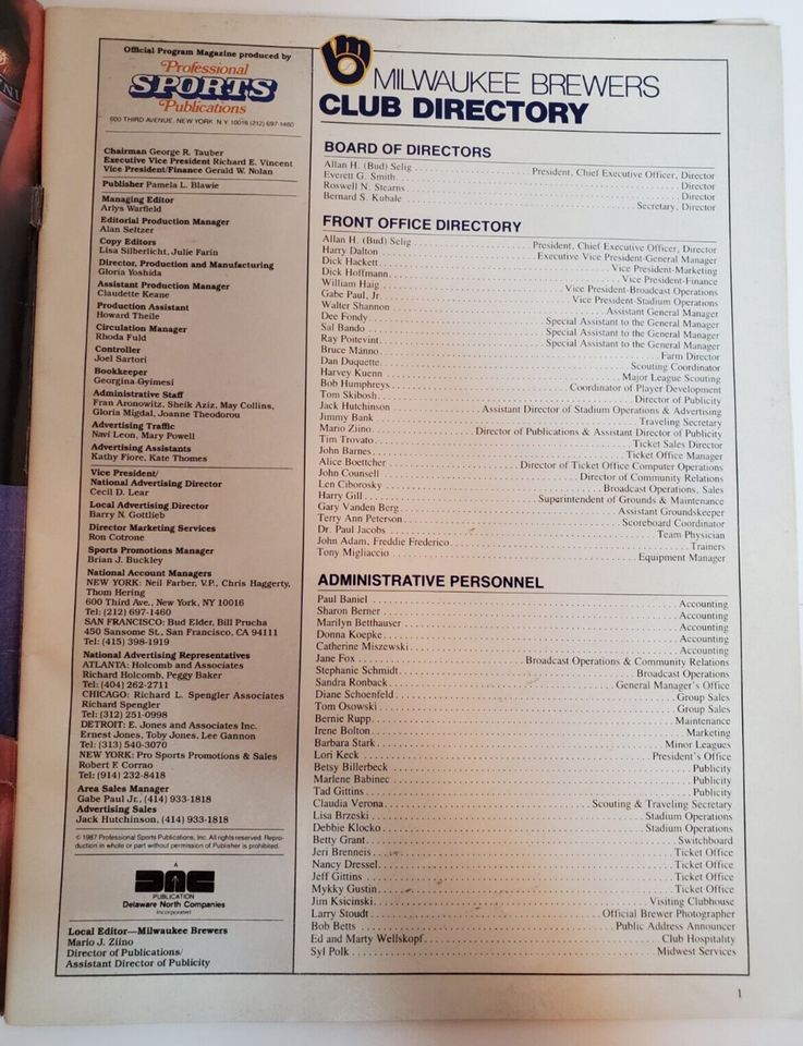 1987 Milwaukee Brewers Official Program 3 of a Kind Higuera/Caldwell