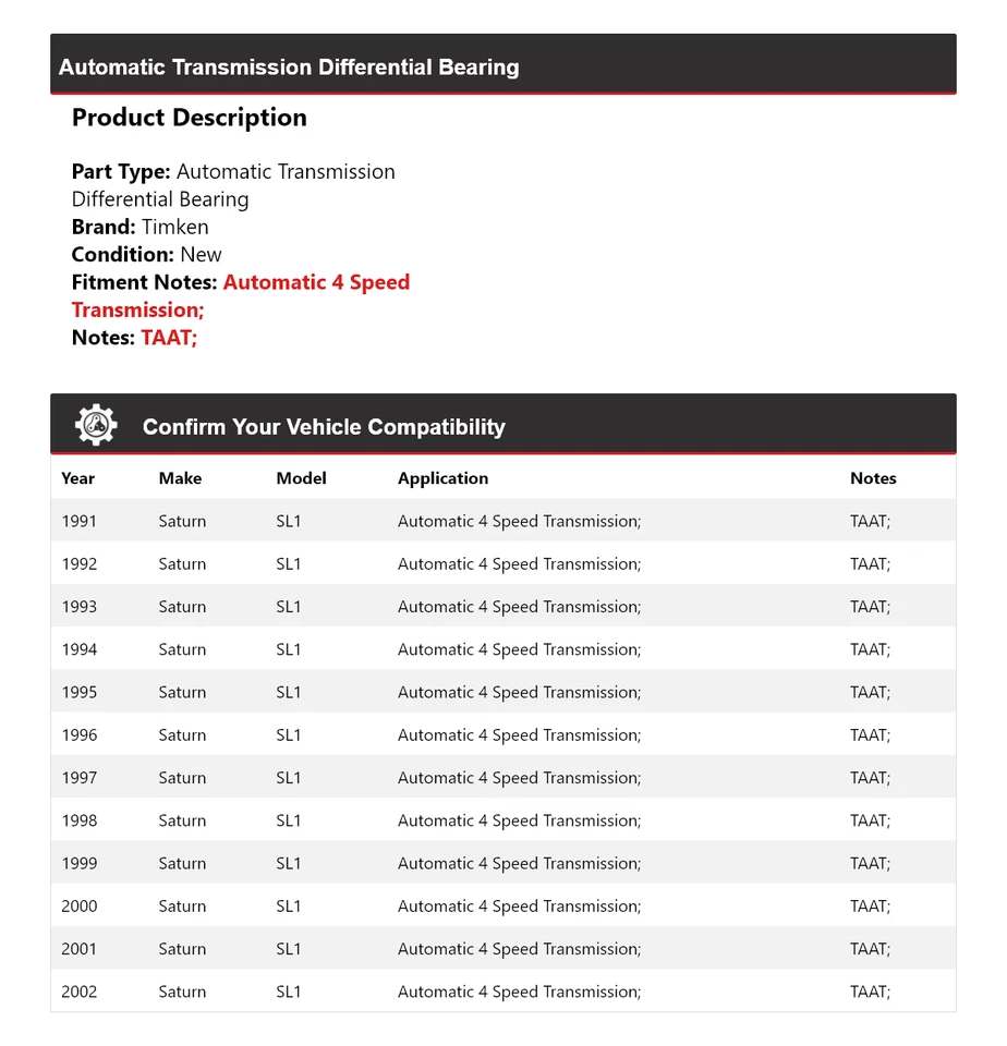 Cojinete diferencial transmisión automática Saturn SL1 1991-2002 Timken 1992 Foto 2 de 4