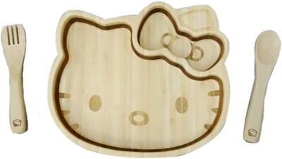 Hello Kitty Face Plate Spoon Fork Set Bamboo Tableware FUNFAM Made in Japan F/S