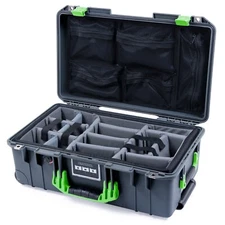 Charcoal & Lime Green Pelican 1535 case. With dividers & mesh lid organizer. 