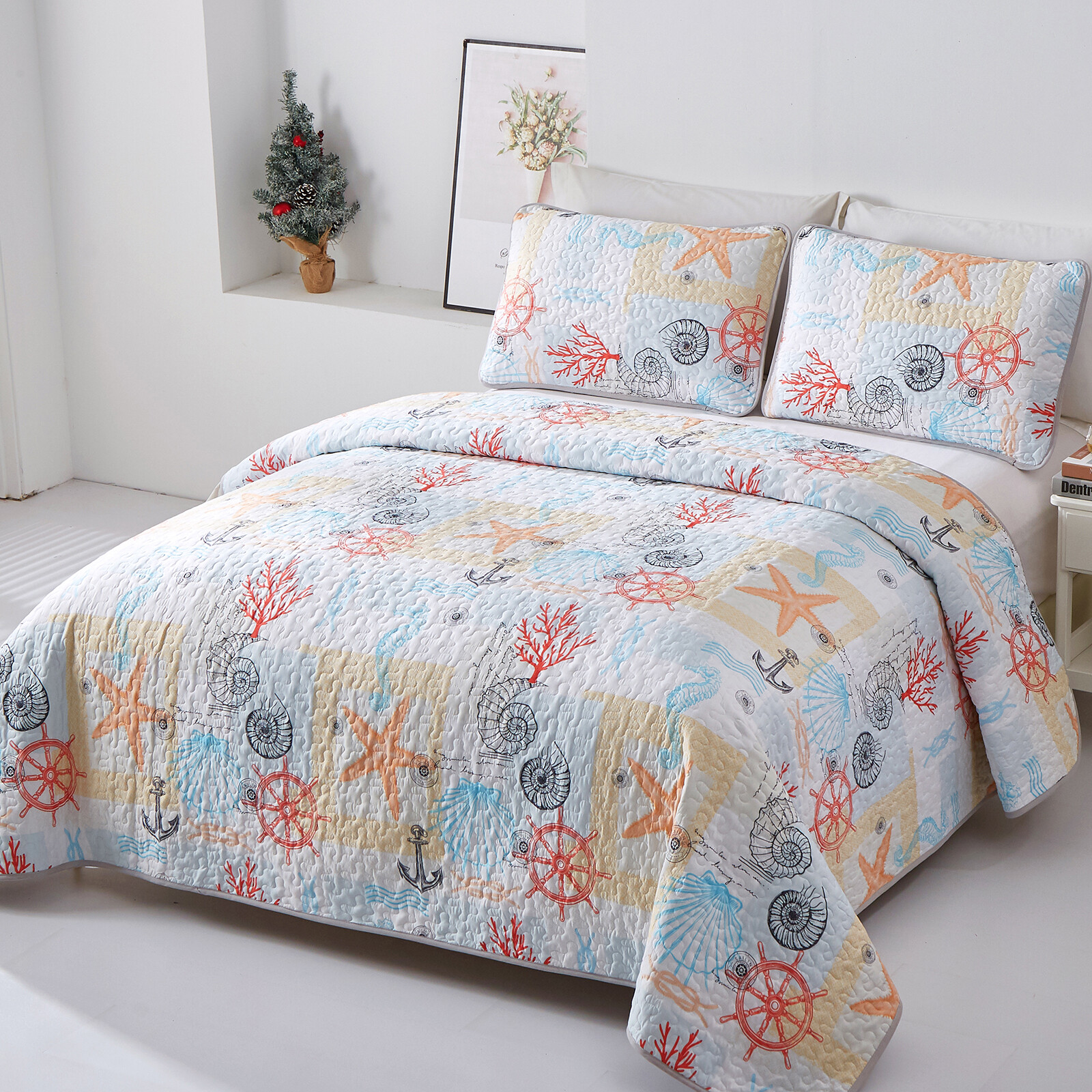 Sea Shell Quilted Bedspread Duvet Coverlet Sets King Size Blanket Bed