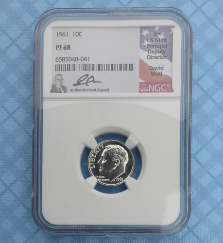 1961 NGC PF 68 Roosevelt Silver Dime, Proof 68 10-Cent, David Motl Autographed