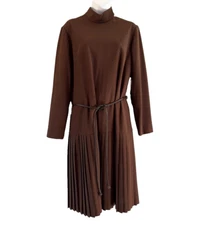 VTG Nelly Don Belted Dress Women 14 Brown Pleated Skirt Mock Collar NEW Union