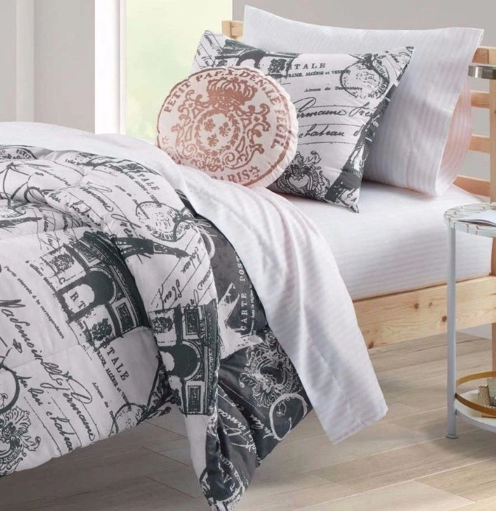 8-Pc Mademoiselle Full XL Comforter Set French Script Shabby Chic Paris Eiffel - Image 2 of 2