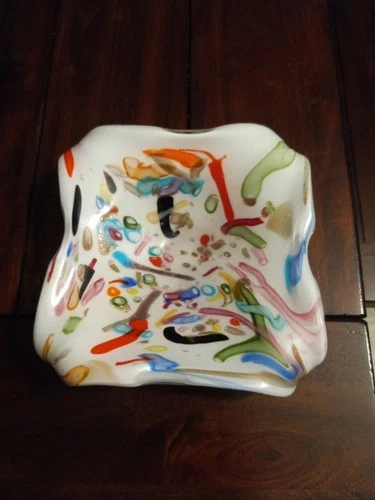 Murano Glass Tutti Frutti Bowl Dish 8 Inches Vintage Pulled Corners Multi Color