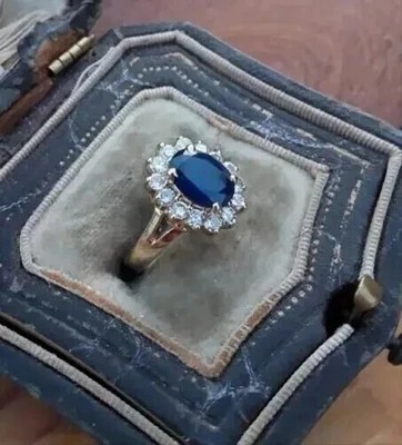 3.60 Ct Oval Cut Natural Blue Sapphire Halo Wedding Ring 14K Yellow Gold Solid