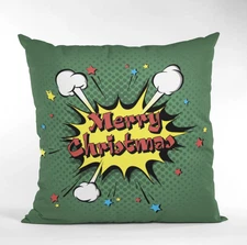 Merry Christmas Green Pop Art Pillow Cover - Festive Holiday Cushion Cover 16x16