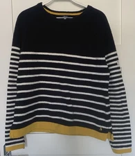 JOULES SEAPORT CHENILLE JUMPER UK 16 NAVY STRIPES WITH YELLOW VGC NAUTICAL
