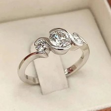 3Ct Real Moissanite Round Cut Three Stone Engagement Ring 14K White Gold Plated