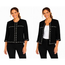 St. John Couture Black Beaded Trim Jacket Size 8 Boucle Knit 3/4 Sleeve Button