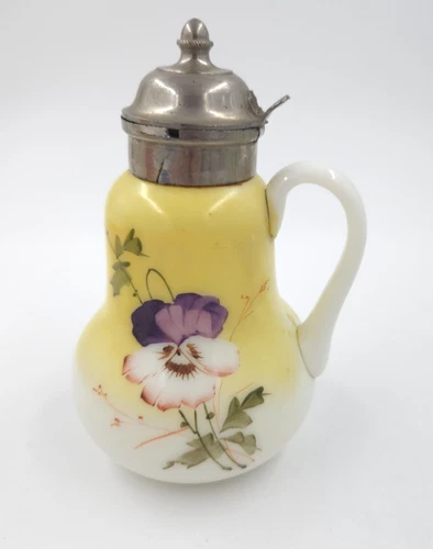 1890’s Victorian Antique Hand Painted Milk Glass Syrup Pitcher With Metal Lid
