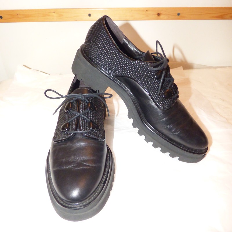 EUC LUCA GROSSI WICKER WEAVE LEATHER OXFORDS HANDMADE IN ITALY BLACK 39.5 US 8.5