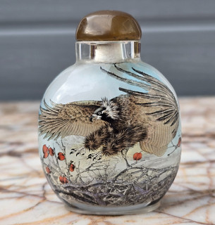 Chinese 20th century Inside decorated Glass snuff bottle EAGLES EXCEPTIONAL