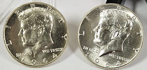 Two UNC 90% Silver 1964 U.S. Kennedy Half Dollars