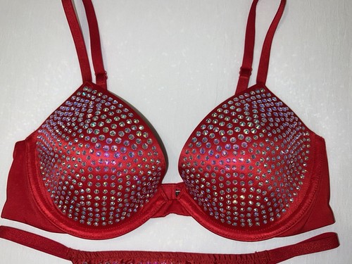 Victoria Secret Red Low Cut Demi Rhinestone Embellished Bra 34C Medium Panty Set - Picture 4 of 7