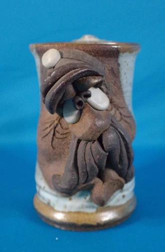  Hand Crafted Funny Face Glazed Pottery signed Mug 
