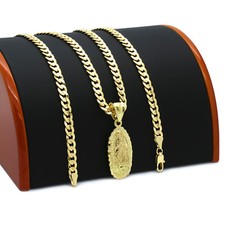 Mens 14k Gold Plated Guadalupe  Pendant 5mm 24" Cuban Necklace Chain K-4 
