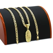 Mens 14k Gold Plated  Guadalupe    Pendant 5mm 24" Cuban Necklace Chain(K-4)