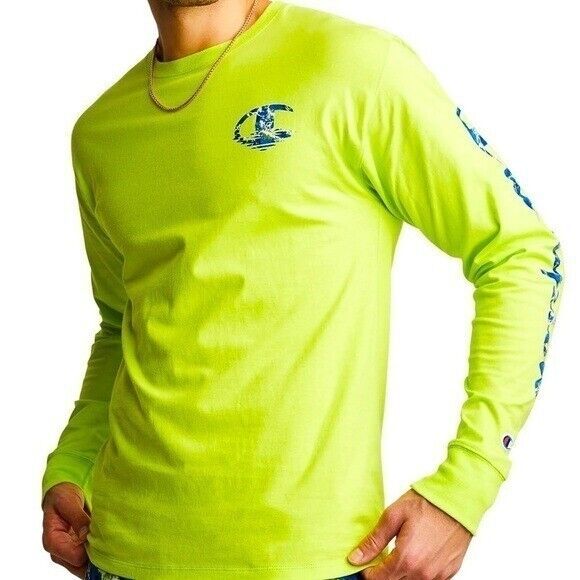 Champion Wave Logo Graphic Long Sleeve T-Shirt XLarge Green Color