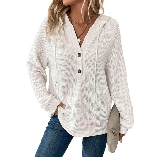 Women's hooded waffle knit button V-neck long sleeved sweater sweatshirt top- - Bild 8 von 43