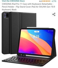 CHESONA IPad Pro 11 Case w/keyboard, detachable pencil holder 4th/5th gen Black