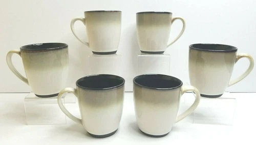 6 Sango Nova Black Mugs Set Stoneware 4932 Grayish White Center Coffee Cups Lot