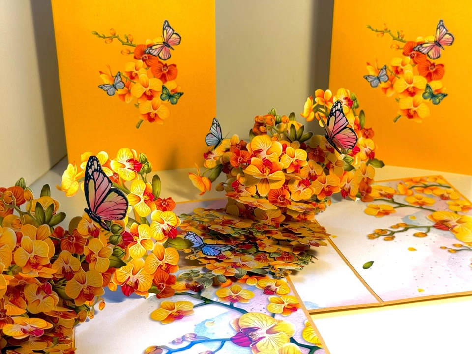 ORIGAMI POP CARDS Yellow Orchid Garden with Butterflies Happy Anniversary Pop Up — 第 2/4 张图片