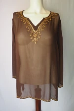 Bellissima Accessories Silk Chiffon Blouse Sheer Beaded Sequins Brown Gold XL(?)
