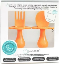 ⚡ Grabease Ergonomic Baby Infant Toddler Spoon Fork Utensils, Orange w/Case