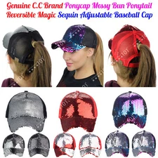 NEW! C.C Ponycap Messy Bun Reversible Magic Sequin Adjustable Ponytail CC Cap
