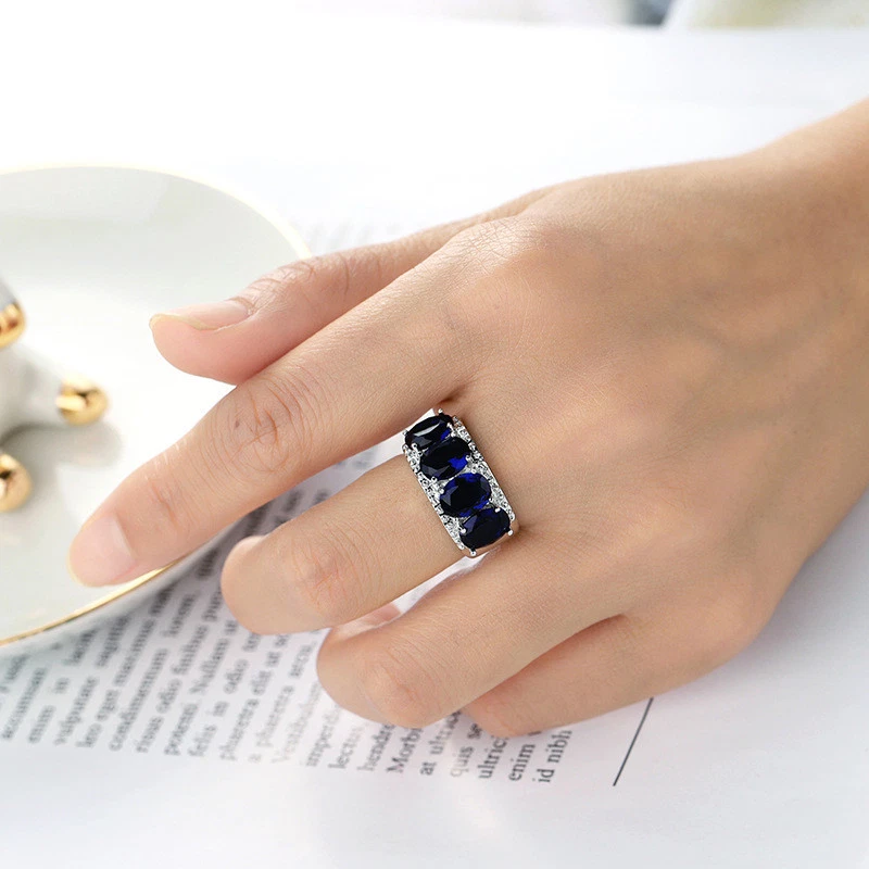 Alianza de piedra de circonita cúbica AAA de color azul para mujer anillo de boda relleno de oro blanco talla 6-10 Foto 2 de 4