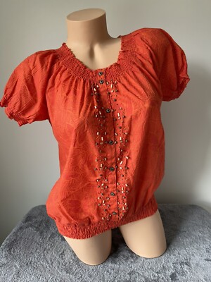 Maurices Top Womens M Orange Peasant Top Blouse beaded summer bright euc  3154