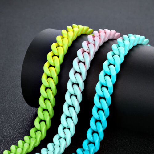 Hip Hop Gradient Colorful Stainless Steel Cuban Chain Necklace Spring Buckle - Picture 1 of 15