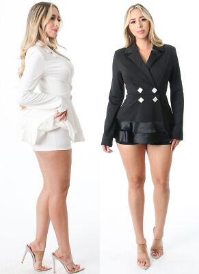 Fashion Women Long Sleeve Tuxedo Romper Formal Wear Office Fashion Outfit 