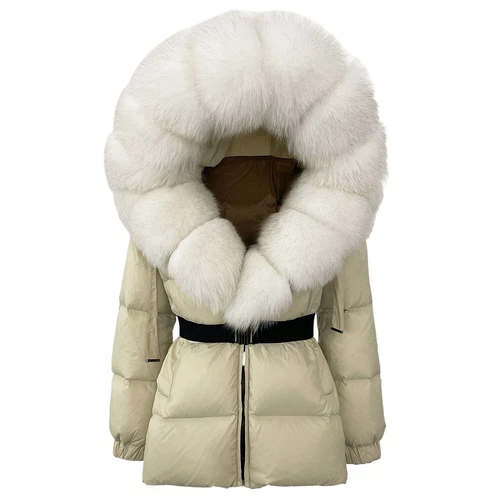 Winterjacke Damen echt Fuchspelz Kapuze dick warm weiß Entendaunenmantel - Bild 13 von 35
