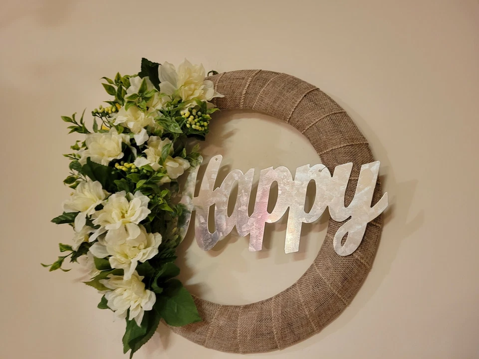 FELIZ branco verde Dália Zinnias estopa GRINALDA flores decoração porta da frente 16" novo - Imagem 3 de 4