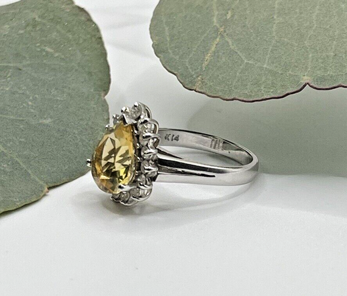 14 Kt White Gold Pear Cut Citrine Ring Sz 5.75 - Picture 4 of 14