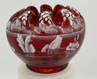 FENTON Rose Bowl ART GLASS RUBY RED SWANS MARY GREGORY Style SHELLEY FENTON